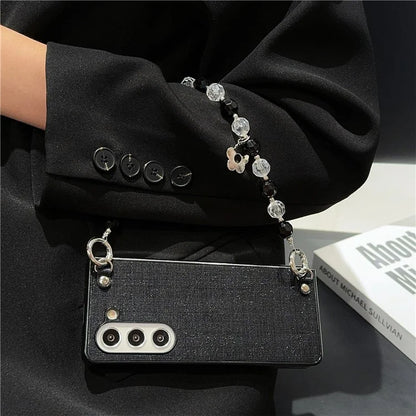 For Samsung Galaxy Z Fold6 5G Case Glitter Finish Leather+PC Phone Cover with Beaded Strap