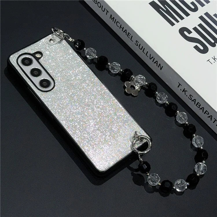 For Samsung Galaxy Z Fold6 5G Case Glitter Finish Leather+PC Phone Cover with Beaded Strap