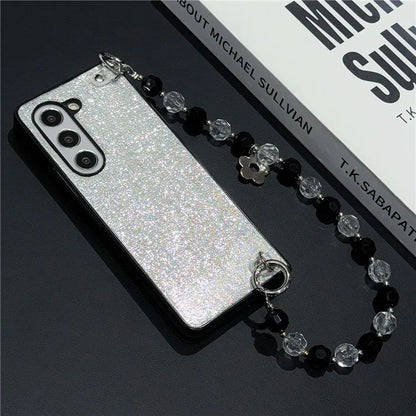 For Samsung Galaxy Z Fold6 5G Case Glitter Finish Leather+PC Phone Cover with Beaded Strap