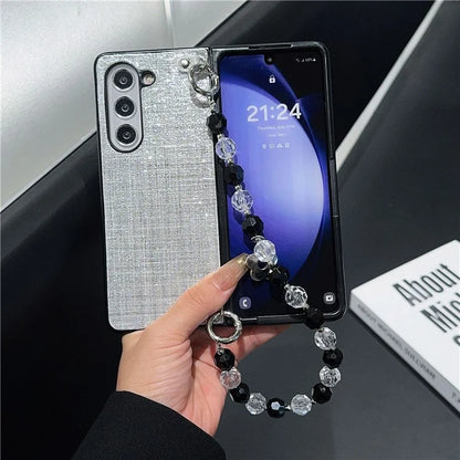 For Samsung Galaxy Z Fold6 5G Case Glitter Finish Leather+PC Phone Cover with Beaded Strap