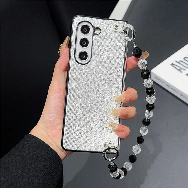 For Samsung Galaxy Z Fold6 5G Case Glitter Finish Leather+PC Phone Cover with Beaded Strap