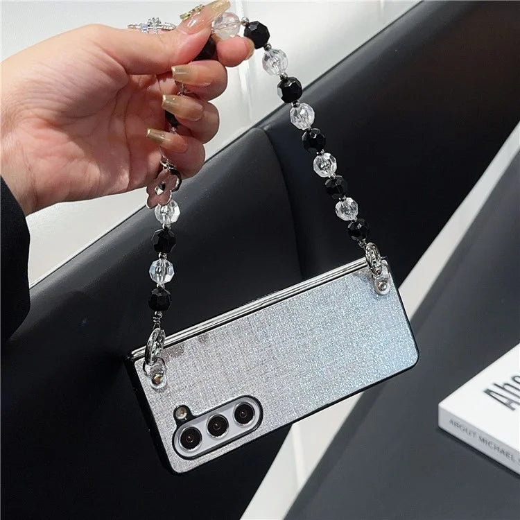 For Samsung Galaxy Z Fold6 5G Case Glitter Finish Leather+PC Phone Cover with Beaded Strap