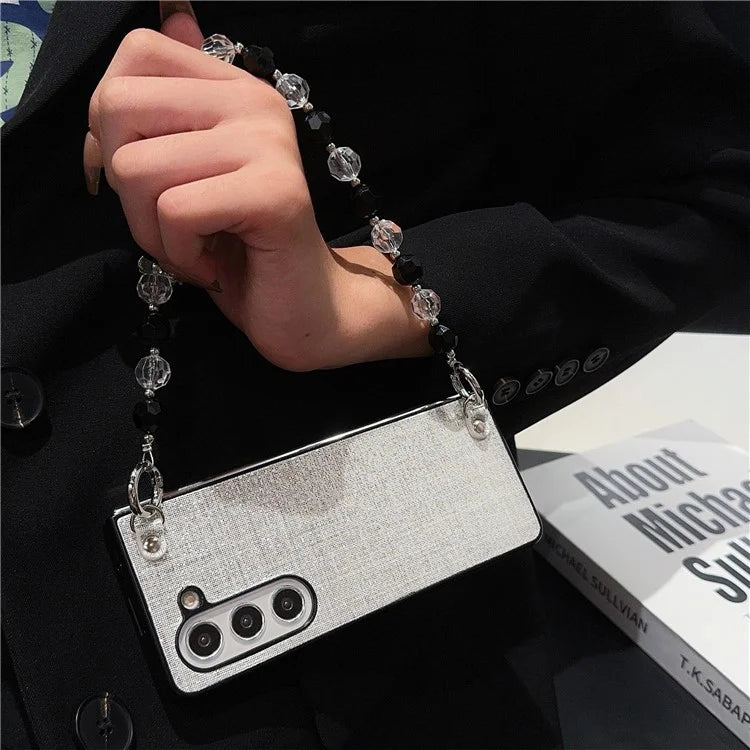 For Samsung Galaxy Z Fold6 5G Case Glitter Finish Leather+PC Phone Cover with Beaded Strap