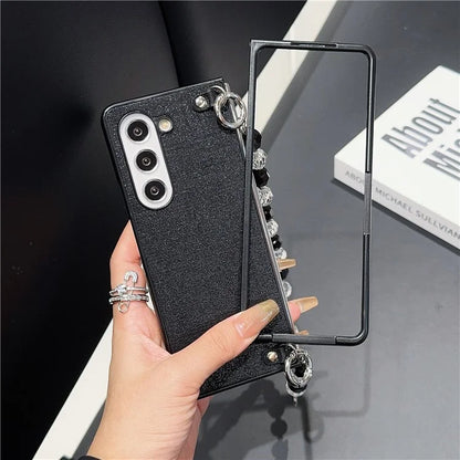 For Samsung Galaxy Z Fold6 5G Case Glitter Finish Leather+PC Phone Cover with Beaded Strap