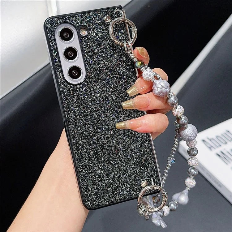 For Samsung Galaxy Z Fold6 5G Case Textured Glitter Leather+PC Phone Cover with Beaded Strap