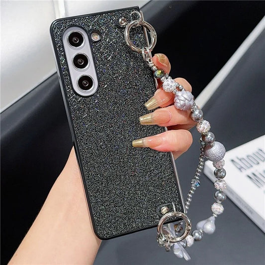 For Samsung Galaxy Z Fold6 5G Case Textured Glitter Leather+PC Phone Cover with Beaded Strap