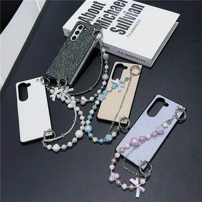For Samsung Galaxy Z Fold6 5G Case Textured Glitter Leather+PC Phone Cover with Beaded Strap