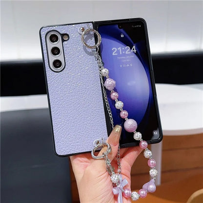 For Samsung Galaxy Z Fold6 5G Case Textured Glitter Leather+PC Phone Cover with Beaded Strap