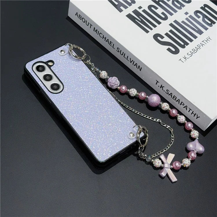 For Samsung Galaxy Z Fold6 5G Case Textured Glitter Leather+PC Phone Cover with Beaded Strap