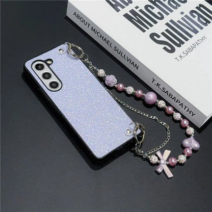 For Samsung Galaxy Z Fold6 5G Case Textured Glitter Leather+PC Phone Cover with Beaded Strap