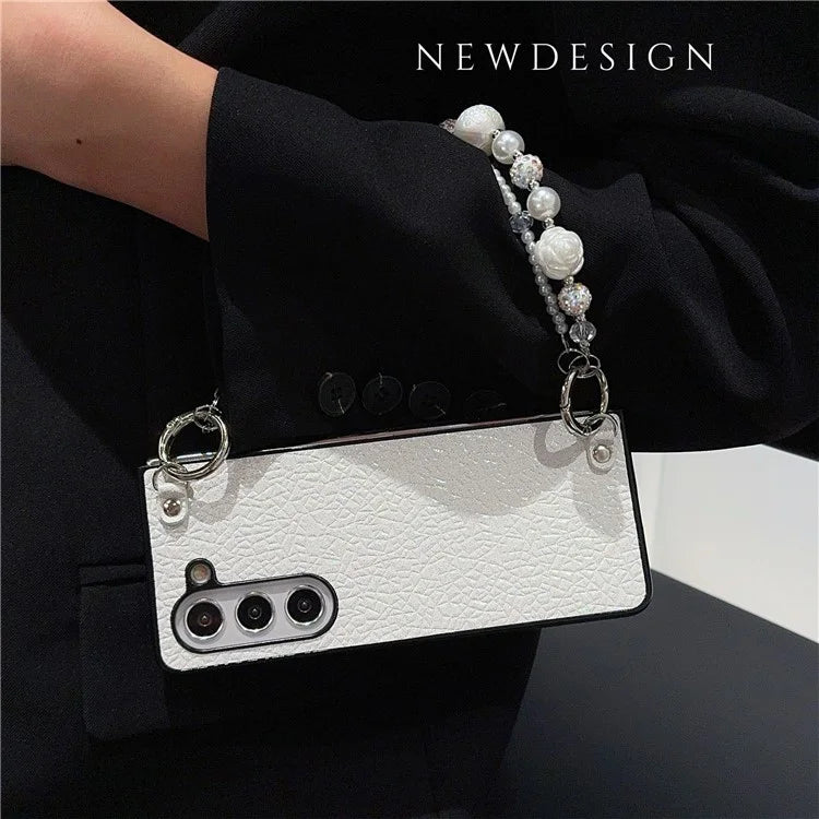For Samsung Galaxy Z Fold6 5G Case Textured Glitter Leather+PC Phone Cover with Beaded Strap