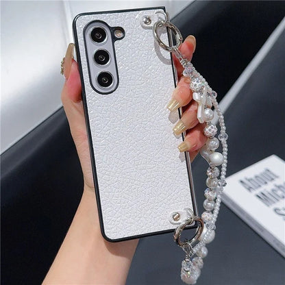 For Samsung Galaxy Z Fold6 5G Case Textured Glitter Leather+PC Phone Cover with Beaded Strap