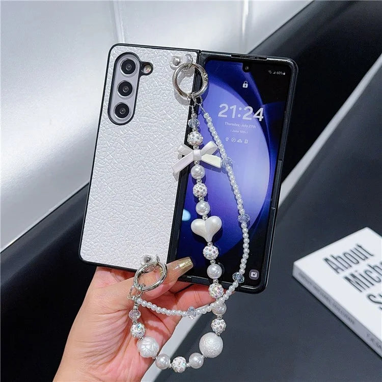 For Samsung Galaxy Z Fold6 5G Case Textured Glitter Leather+PC Phone Cover with Beaded Strap