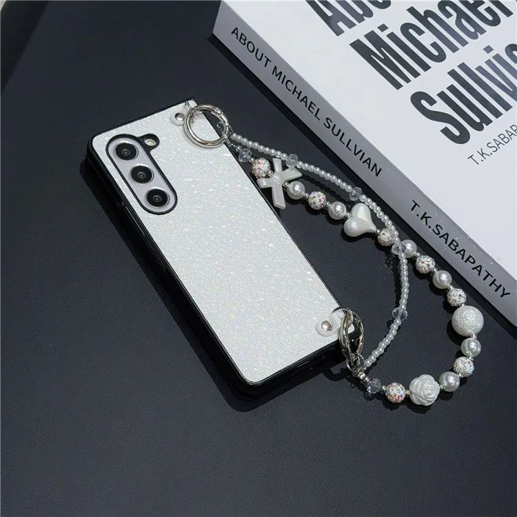 For Samsung Galaxy Z Fold6 5G Case Textured Glitter Leather+PC Phone Cover with Beaded Strap