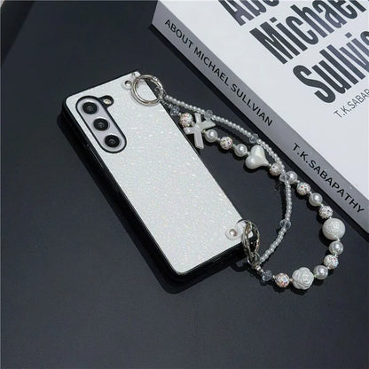 For Samsung Galaxy Z Fold6 5G Case Textured Glitter Leather+PC Phone Cover with Beaded Strap