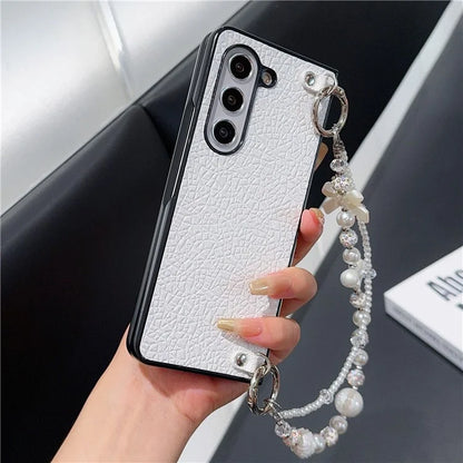 For Samsung Galaxy Z Fold6 5G Case Textured Glitter Leather+PC Phone Cover with Beaded Strap