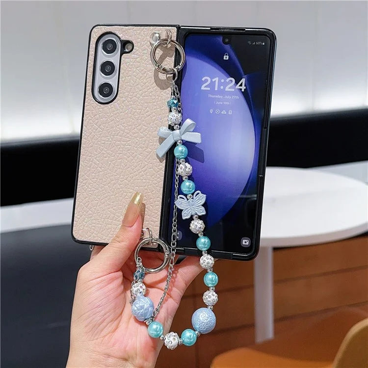 For Samsung Galaxy Z Fold6 5G Case Textured Glitter Leather+PC Phone Cover with Beaded Strap