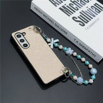 For Samsung Galaxy Z Fold6 5G Case Textured Glitter Leather+PC Phone Cover with Beaded Strap