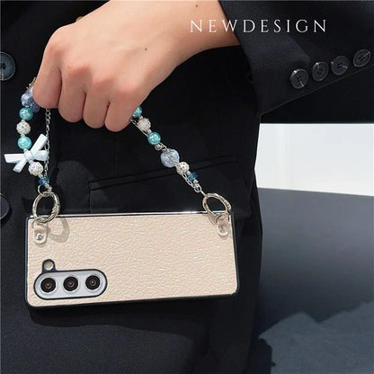 For Samsung Galaxy Z Fold6 5G Case Textured Glitter Leather+PC Phone Cover with Beaded Strap