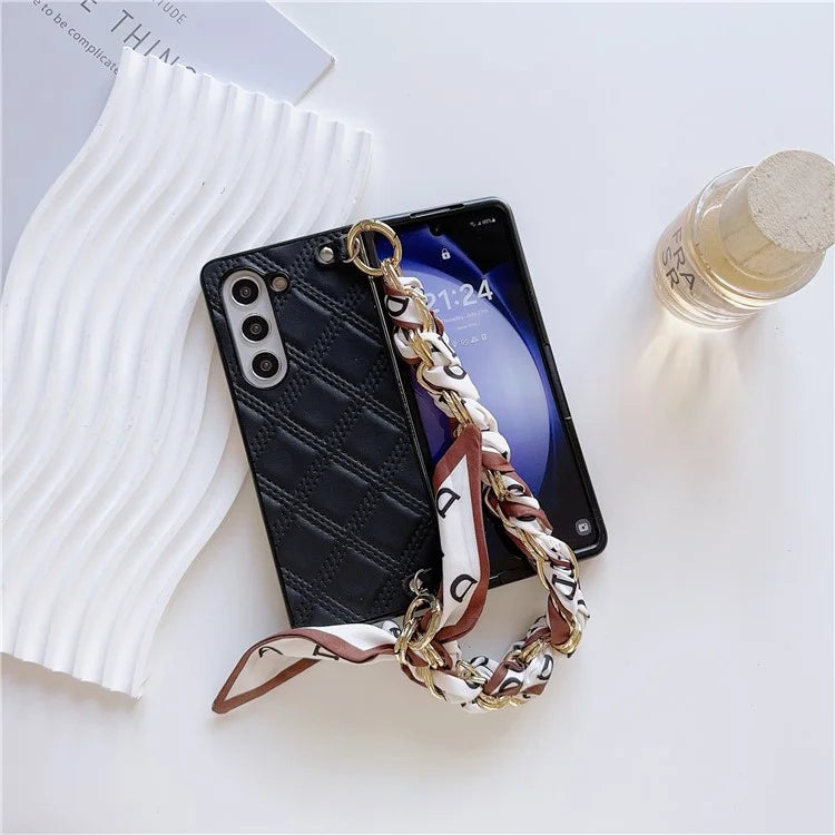 For Samsung Galaxy Z Fold6 5G Case Pattern Leather+PC Phone Cover with Scarf Strap
