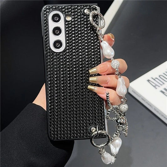 For Samsung Galaxy Z Fold6 5G Case Weave Glitter Stripe Leather+PC Phone Cover with Bow Beaded Strap