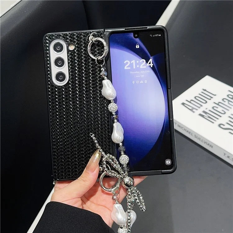 For Samsung Galaxy Z Fold6 5G Case Weave Glitter Stripe Leather+PC Phone Cover with Bow Beaded Strap