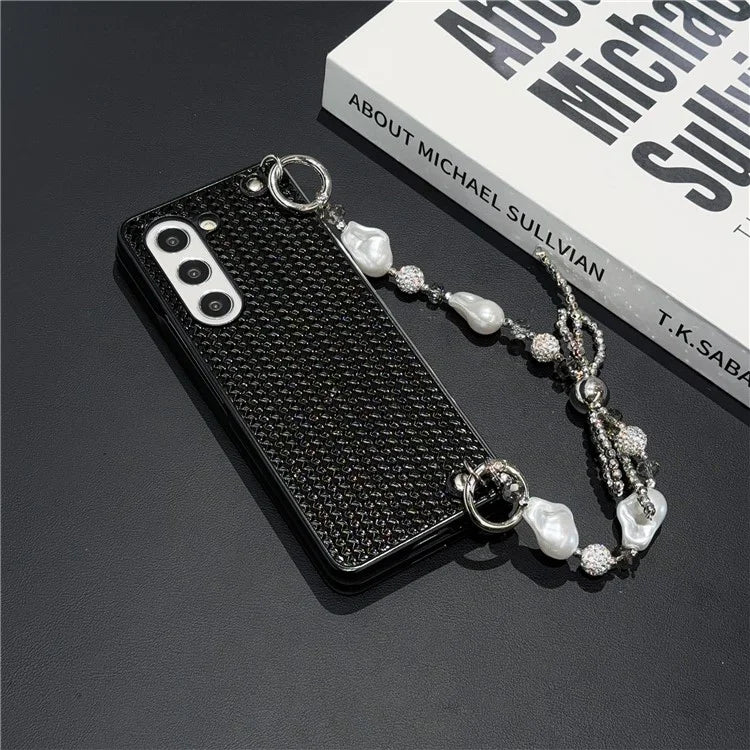For Samsung Galaxy Z Fold6 5G Case Weave Glitter Stripe Leather+PC Phone Cover with Bow Beaded Strap