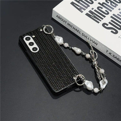 For Samsung Galaxy Z Fold6 5G Case Weave Glitter Stripe Leather+PC Phone Cover with Bow Beaded Strap