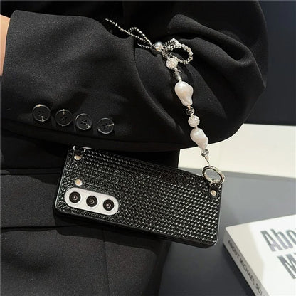 For Samsung Galaxy Z Fold6 5G Case Weave Glitter Stripe Leather+PC Phone Cover with Bow Beaded Strap