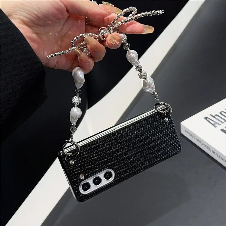 For Samsung Galaxy Z Fold6 5G Case Weave Glitter Stripe Leather+PC Phone Cover with Bow Beaded Strap