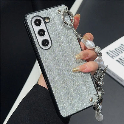 For Samsung Galaxy Z Fold6 5G Case Weave Glitter Stripe Leather+PC Phone Cover with Bow Beaded Strap