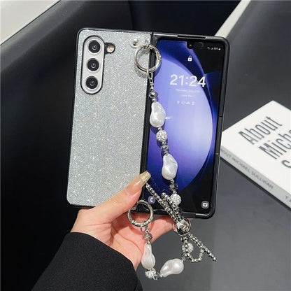 For Samsung Galaxy Z Fold6 5G Case Weave Glitter Stripe Leather+PC Phone Cover with Bow Beaded Strap