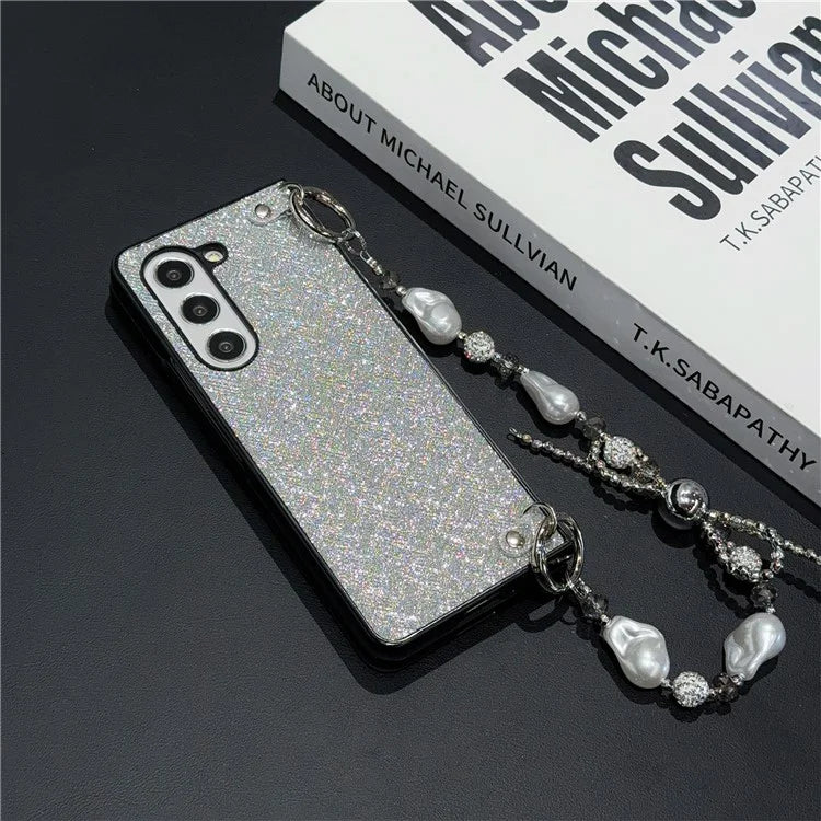 For Samsung Galaxy Z Fold6 5G Case Weave Glitter Stripe Leather+PC Phone Cover with Bow Beaded Strap