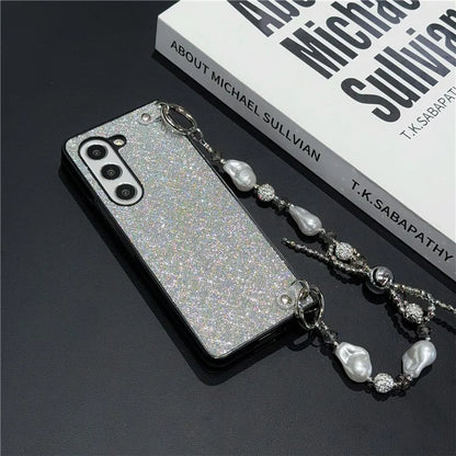 For Samsung Galaxy Z Fold6 5G Case Weave Glitter Stripe Leather+PC Phone Cover with Bow Beaded Strap