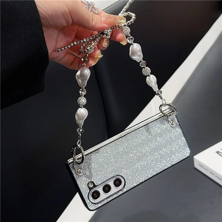 For Samsung Galaxy Z Fold6 5G Case Weave Glitter Stripe Leather+PC Phone Cover with Bow Beaded Strap
