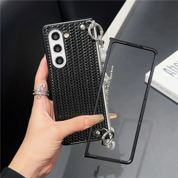 For Samsung Galaxy Z Fold6 5G Case Weave Glitter Stripe Leather+PC Phone Cover with Bow Beaded Strap
