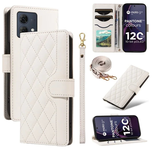 For Motorola Moto G84 5G Case Wallet Rhombus Leather Phone Cover with Shoulder Strap, Wrist Strap