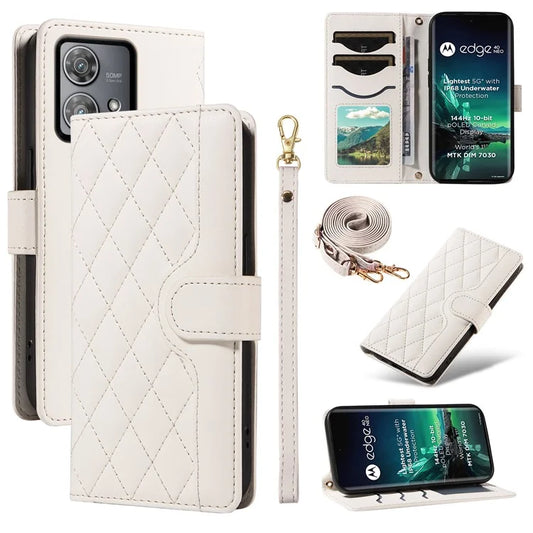For Motorola Edge 40 Neo 5G Case Wallet Rhombus Leather Phone Cover with Shoulder Strap, Wrist Strap