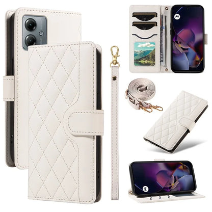 For Motorola Moto G54 5G / Moto G14 4G Case Wallet Rhombus Leather Phone Cover with Shoulder Strap, Wrist Strap