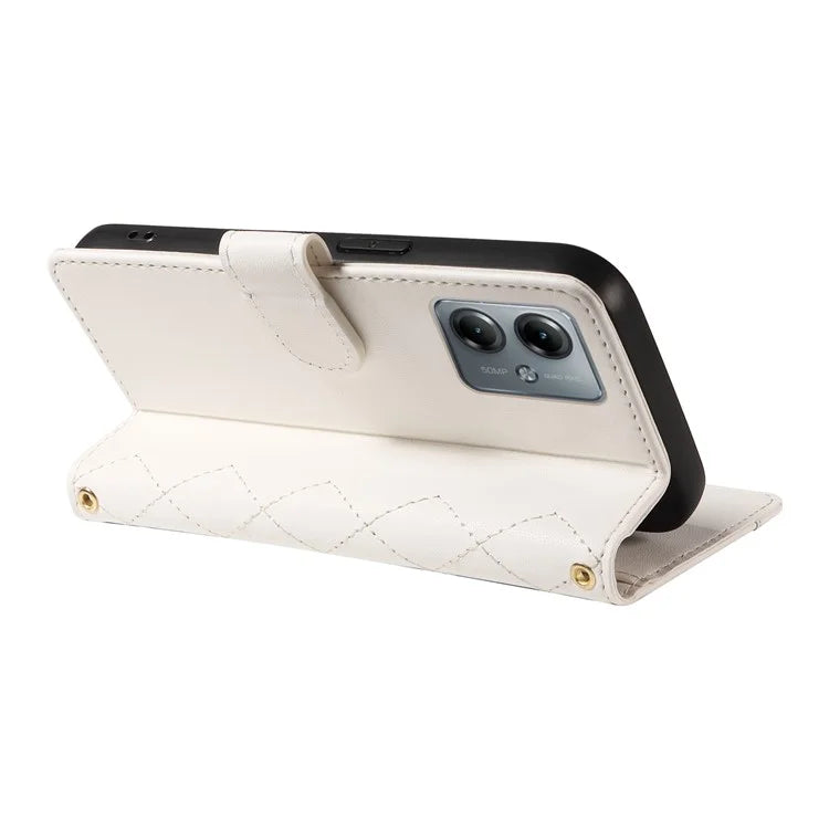 For Motorola Moto G54 5G / Moto G14 4G Case Wallet Rhombus Leather Phone Cover with Shoulder Strap, Wrist Strap