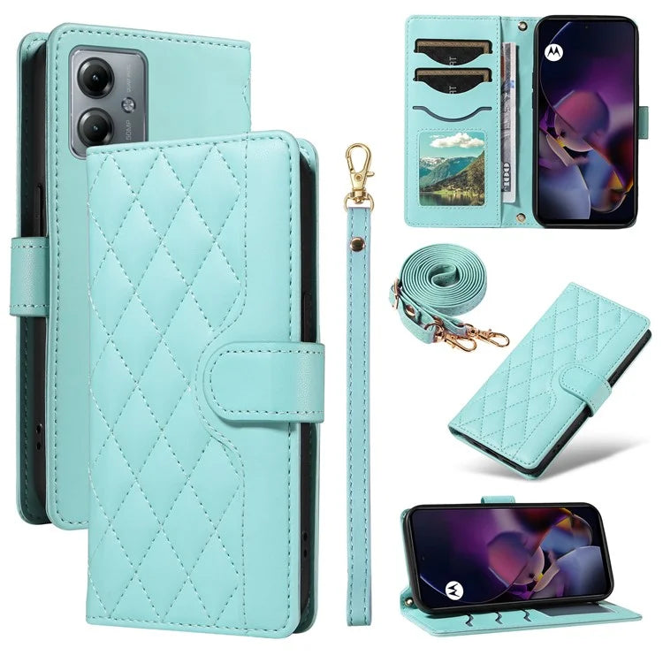 For Motorola Moto G54 5G / Moto G14 4G Case Wallet Rhombus Leather Phone Cover with Shoulder Strap, Wrist Strap