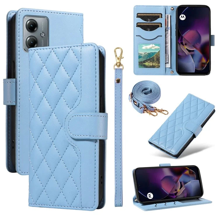 For Motorola Moto G54 5G / Moto G14 4G Case Wallet Rhombus Leather Phone Cover with Shoulder Strap, Wrist Strap