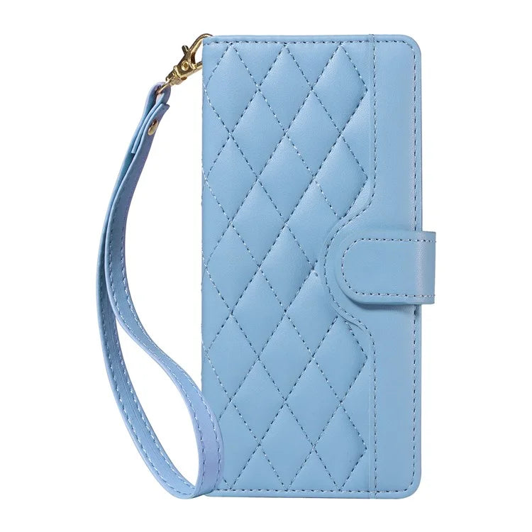 For Motorola Moto G54 5G / Moto G14 4G Case Wallet Rhombus Leather Phone Cover with Shoulder Strap, Wrist Strap