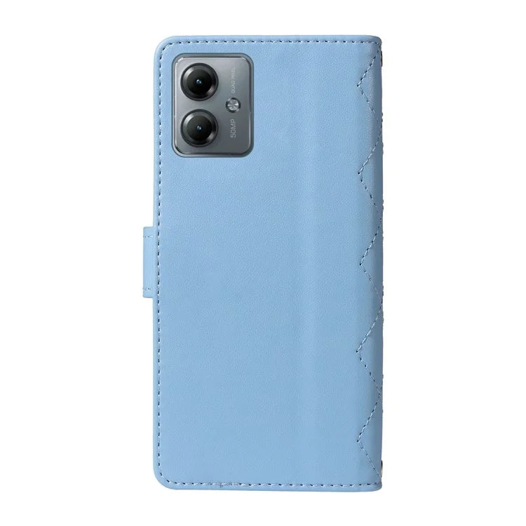 For Motorola Moto G54 5G / Moto G14 4G Case Wallet Rhombus Leather Phone Cover with Shoulder Strap, Wrist Strap