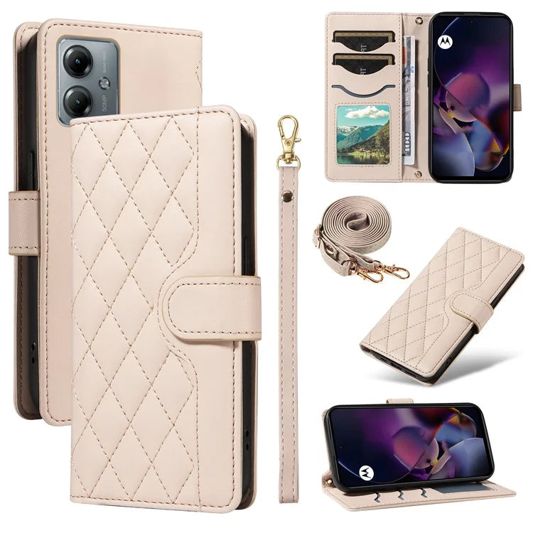 For Motorola Moto G54 5G / Moto G14 4G Case Wallet Rhombus Leather Phone Cover with Shoulder Strap, Wrist Strap