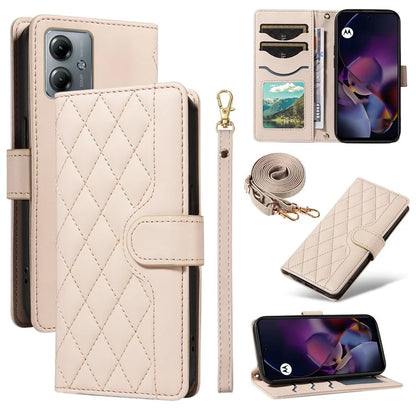 For Motorola Moto G54 5G / Moto G14 4G Case Wallet Rhombus Leather Phone Cover with Shoulder Strap, Wrist Strap