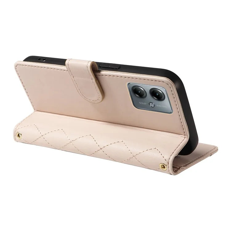 For Motorola Moto G54 5G / Moto G14 4G Case Wallet Rhombus Leather Phone Cover with Shoulder Strap, Wrist Strap