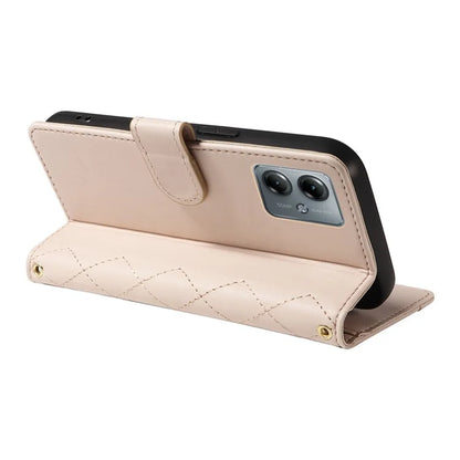 For Motorola Moto G54 5G / Moto G14 4G Case Wallet Rhombus Leather Phone Cover with Shoulder Strap, Wrist Strap