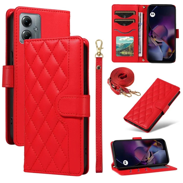 For Motorola Moto G54 5G / Moto G14 4G Case Wallet Rhombus Leather Phone Cover with Shoulder Strap, Wrist Strap