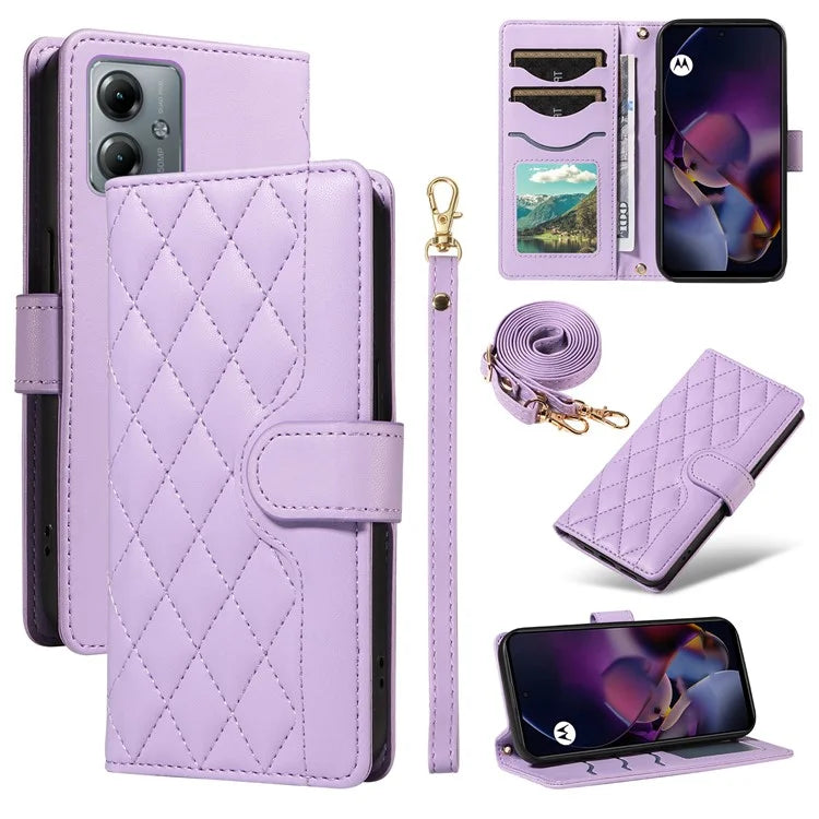 For Motorola Moto G54 5G / Moto G14 4G Case Wallet Rhombus Leather Phone Cover with Shoulder Strap, Wrist Strap